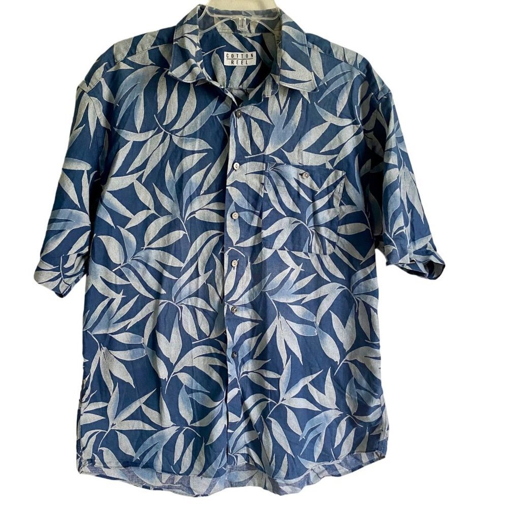 Cotton Reel Short Sleeve Shirt Casual Button Down Tropical Cotton Men's Large